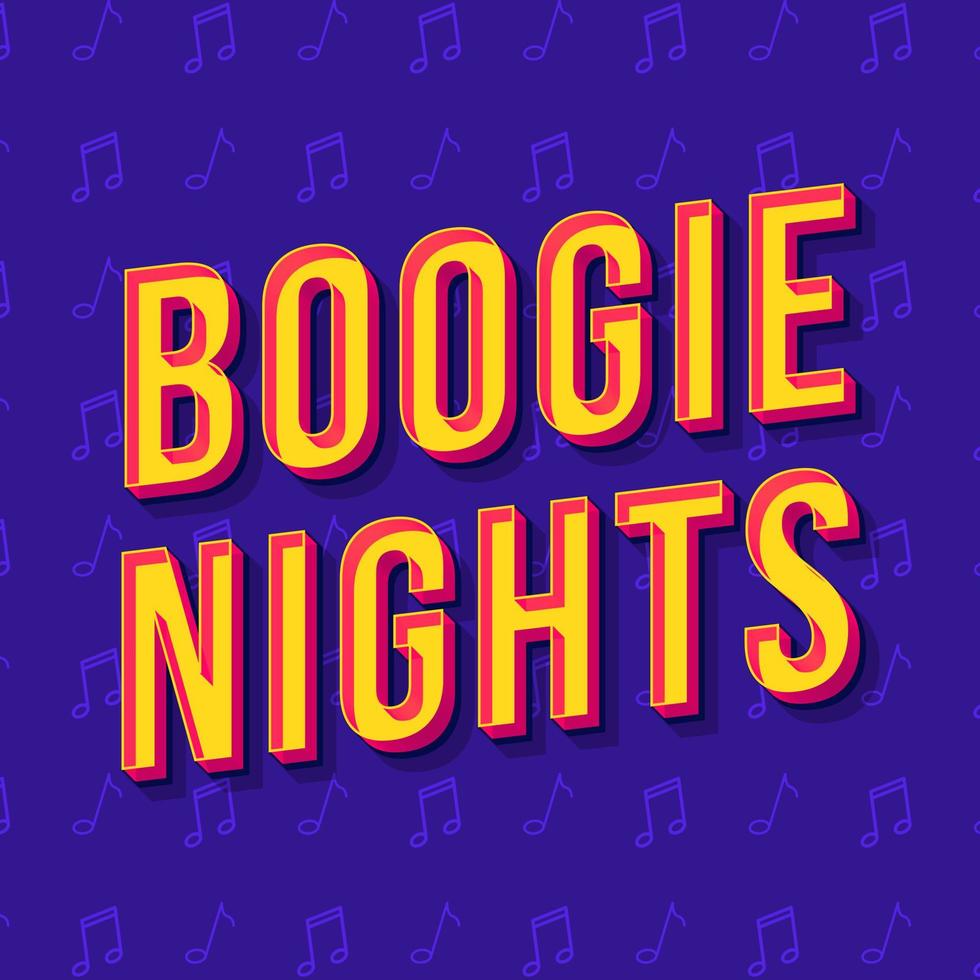 Boogie Nights Vintage 3D-Vektor-Schriftzug. Retro-fette Schriftart, Schriftart. Stilisierter Text der Pop-Art. Briefe im alten Schulstil. 90er, 80er Jahre Poster, Banner, T-Shirt-Typografie-Design. lila farbe hintergrund vektor