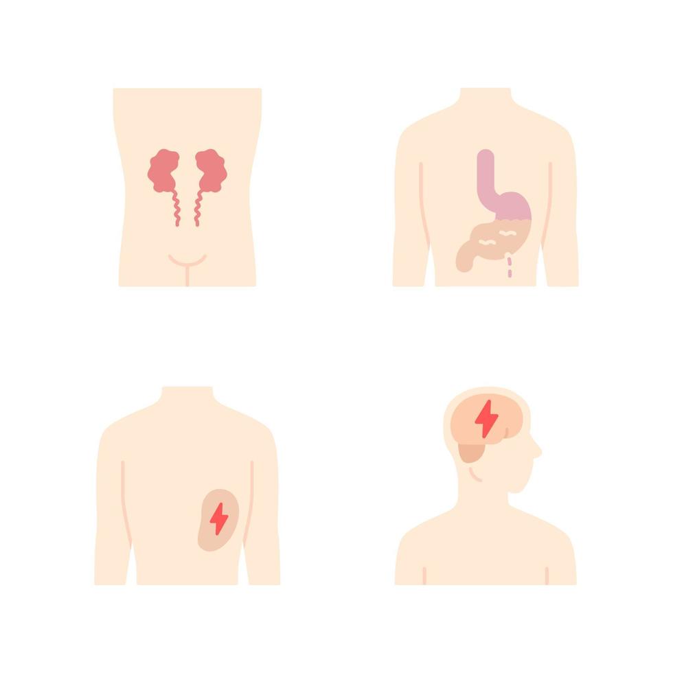 sjuka mänskliga organ platt design lång skugga färg ikoner set. ömma njurar och mjälte. värkande mage. ohälsosam hjärna. sjuka inre kroppsdelar. vektor siluett illustrationer