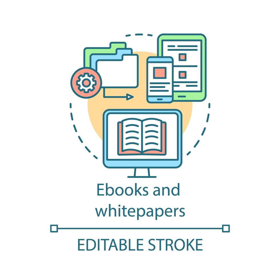 Konzeptsymbol für E-Books und Whitepaper. Content-Marketing-Kanäle Idee dünne Linie Illustration. E-Buch. Fernunterricht. virtuelle Bibliothek. Vektor isolierte Umrisszeichnung. bearbeitbarer Strich