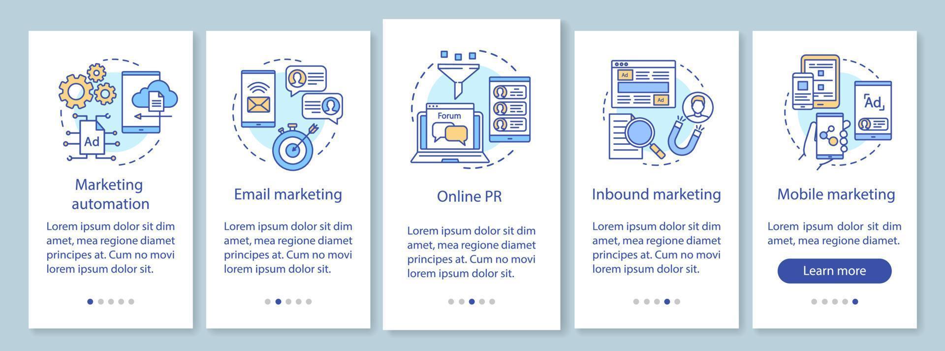 Digitale Marketingtaktiken beim Onboarding des Seitenbildschirms der mobilen App mit linearen Konzepten. Schritt für Schritt grafische Anleitung für Werbekampagnen. ux, ui, gui Vektorvorlage mit Illustrationen vektor