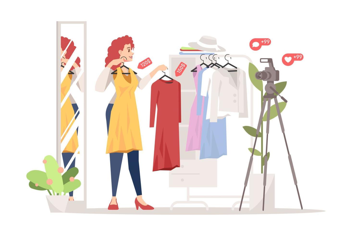 Mode-Blogger-flache Vektor-Illustration. Kleid, Online-Shopping, Bekleidungsgeschäft und Lookbooks Influencer Review. Frauen Stil Streamer isolierte Zeichentrickfigur. Stylistin, Fashionista, Modeberaterin vektor