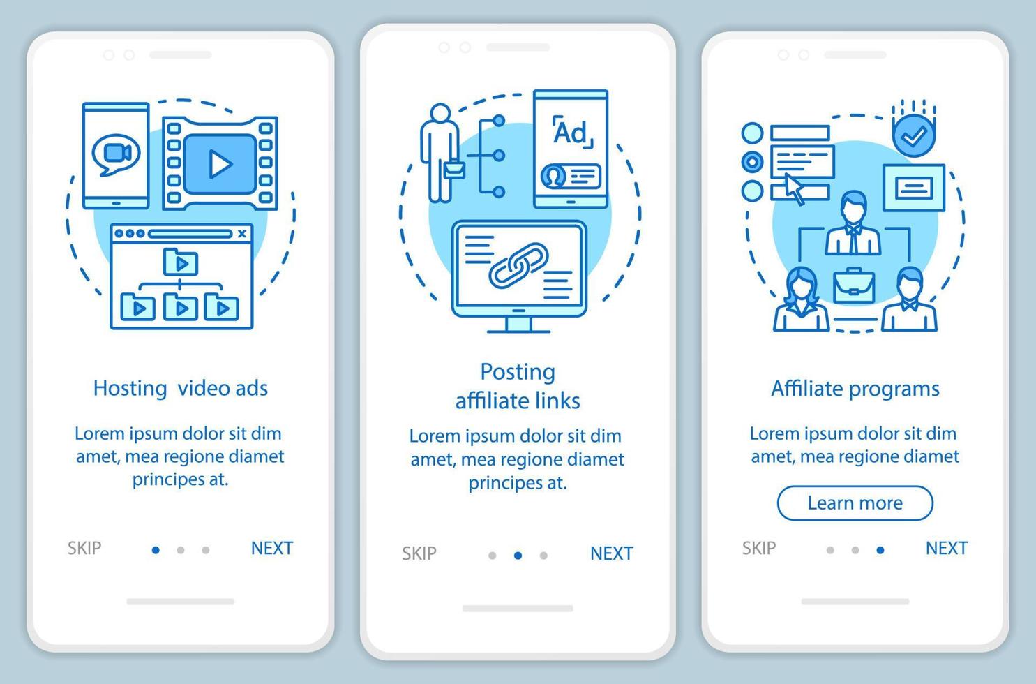 Affiliate-Marketing blaue Onboarding-Seite für Bildschirmvektorvorlage für mobile App. Schritt für Schritt zur Affiliate-Werbung mit linearen Illustrationen. ux, ui, gui Smartphone-Schnittstellenkonzept vektor