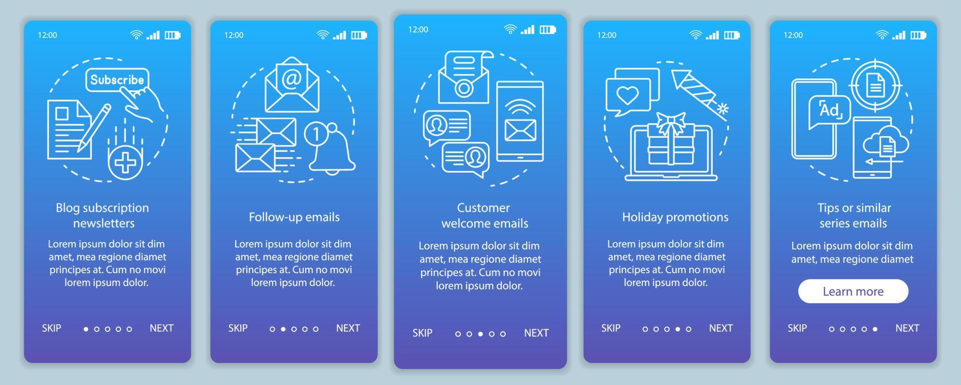 E-Mail-Marketing blaue Onboarding-Seite für Bildschirmvektorvorlage für mobile App. Geschäftsstrategie, Promotions-Walkthrough-Website-Schritte mit linearen Illustrationen. ux, ui, gui Smartphone-Schnittstellenkonzept vektor