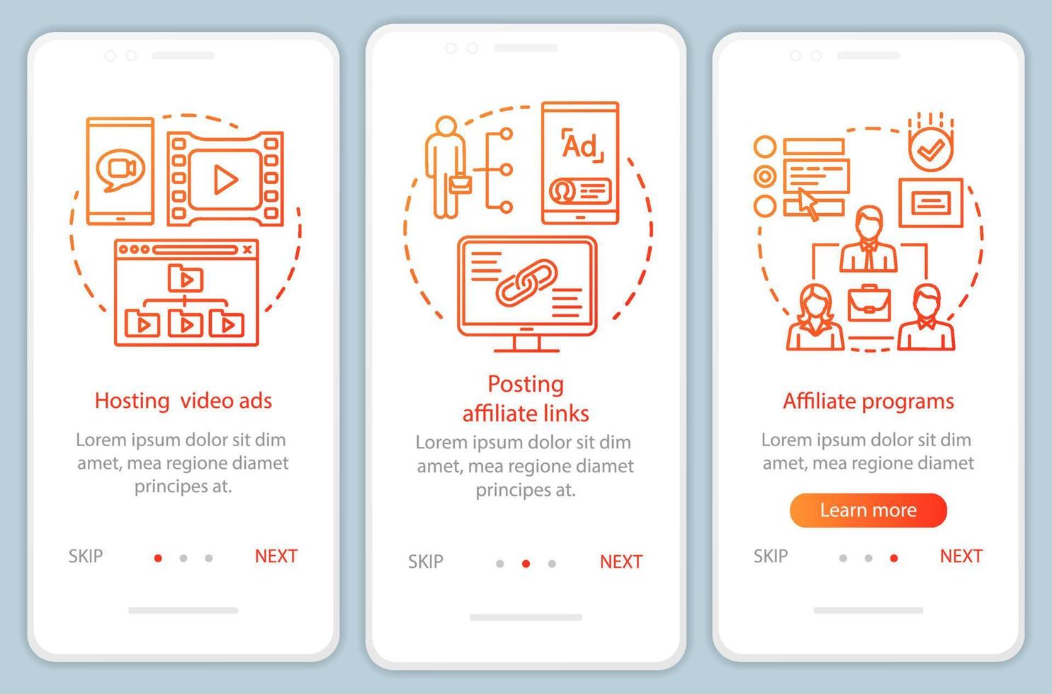 affiliate marknadsföring orange onboarding mobil app sida skärm vektor mall. affiliate-annonsering genomgång av webbplatssteg med linjära illustrationer. ux, ui, gui smartphone gränssnitt koncept