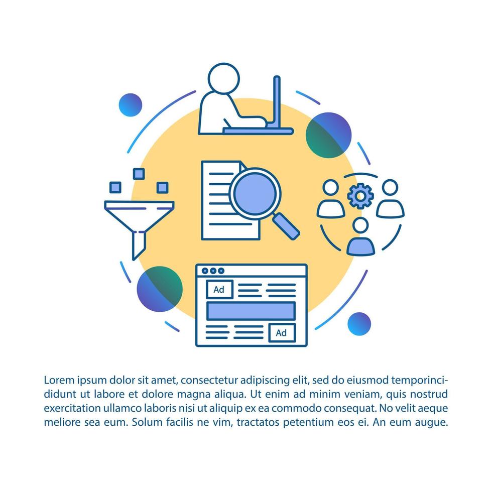 Vektorvorlage für Fachartikel für die Lead-Generierung. digitales Marketing. Broschüre, Broschürengestaltungselement mit linearen Symbolen und Textfeldern. Druckdesign. Konzeptillustrationen mit Textraum vektor