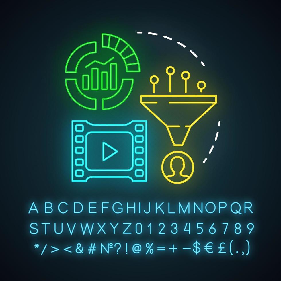 Neonlichtsymbol aktivieren. Inbound-Marketing-Methode für den Kunden. E-Mail-Marketing, Lead-Management. Geschäftsstrategie. leuchtendes Schild mit Alphabet, Zahlen und Symbolen. isolierte Vektorgrafik vektor