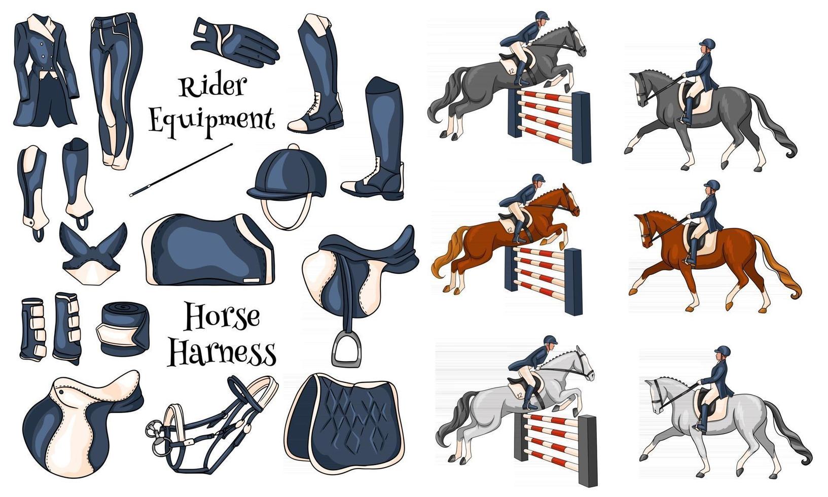 Großes Set an Ausrüstung für den Reiter und Munition für den Reiter auf Pferdeillustration im Cartoon-Stil vektor