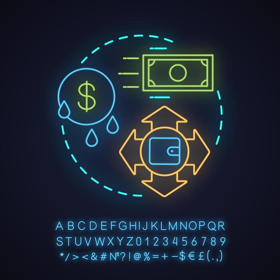 Preissymbol für Neonlichtkonzept. Erstattung. Idee für Finanztransaktionen. Kosten und Ausgaben. leuchtendes Schild mit Alphabet, Zahlen und Symbolen. isolierte Vektorgrafik vektor