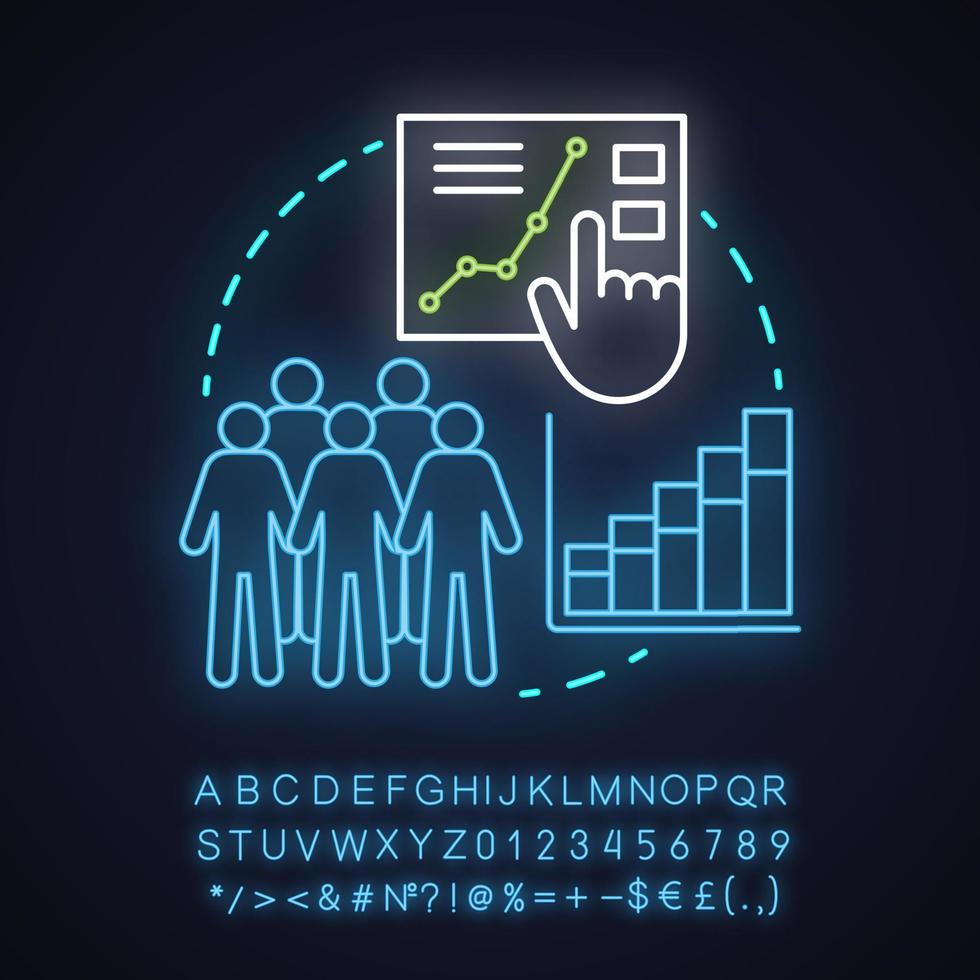 publik tillväxttakt neon ljus koncept ikon. smm-mått, verktyg. kundattraktion. idé för mätning av sociala medier. glödande tecken med alfabet, siffror och symboler. vektor isolerade illustration