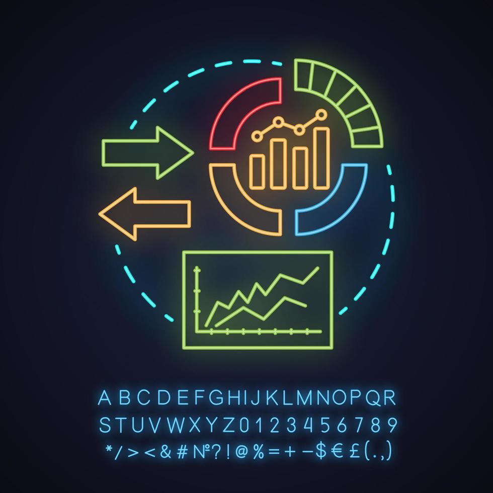 assisterad sociala omvandlingar neonljus konceptikon. webbplats trafik idé. smm-mått. publikens tillväxttakt. webbanalys. glödande tecken med alfabetet, siffror, symboler. vektor isolerade illustration