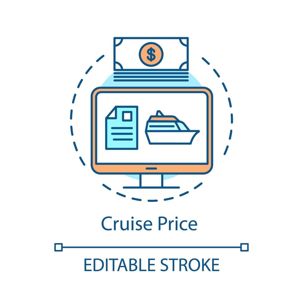 Symbol für das Konzept des Kreuzfahrtpreisangebots. Online-Zahlungsidee dünne Linie Abbildung. Reisebüro-Angebot, Rabatte. Ausflüge, Touren buchen. Vektor isolierte Umrisszeichnung. bearbeitbarer Strich