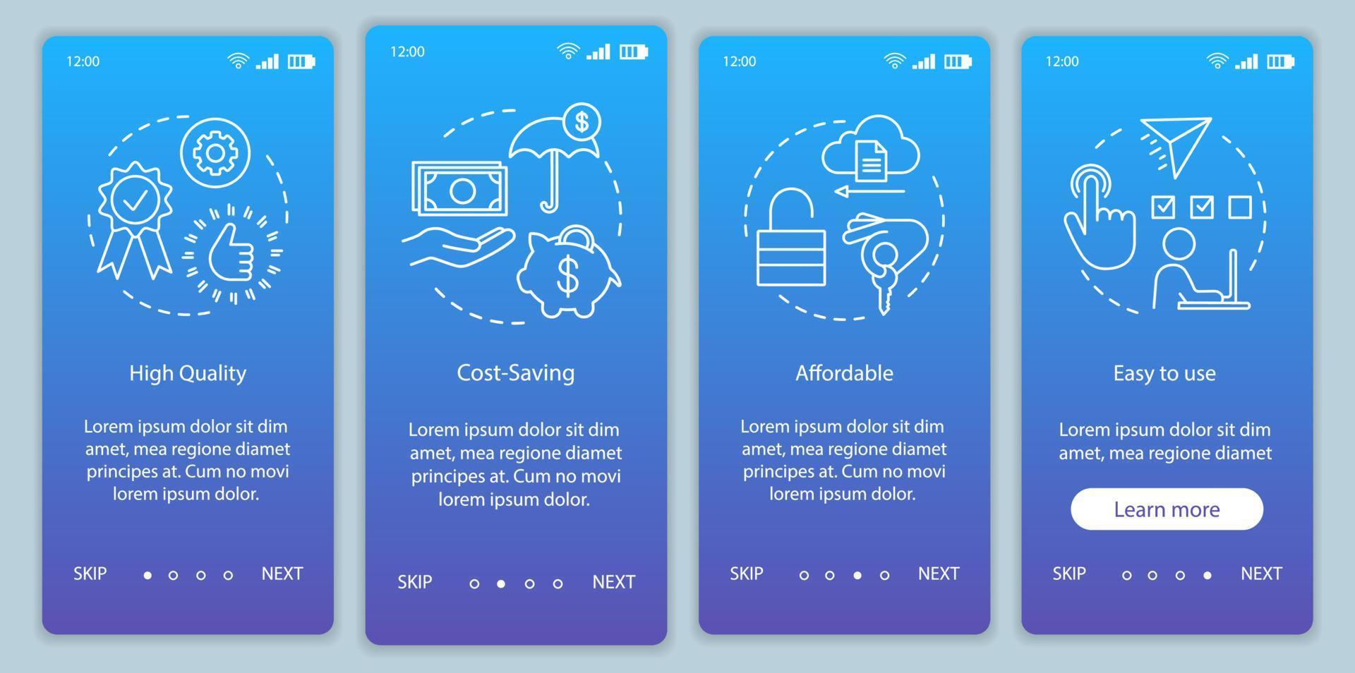 Strategischer Vorteil beim Onboarding des Seitenbildschirms der mobilen App mit linearen Konzepten. Qualität, kostensparend, erschwinglich, einfach zu bedienende Schritt-für-Schritt-Anleitung mit grafischen Anweisungen. ux, ui, gui-Vektorvorlage mit Symbolen vektor