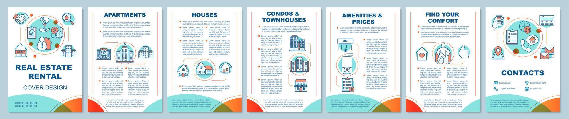 Layout der Vorlage für die Immobilienvermietungsbroschüre. Vermietung von Immobilien.Flyer, Booklet, Prospektdruckgestaltung mit linearen Illustrationen. Vektorseitenlayouts für Zeitschriften, Jahresbericht, Werbeplakate vektor