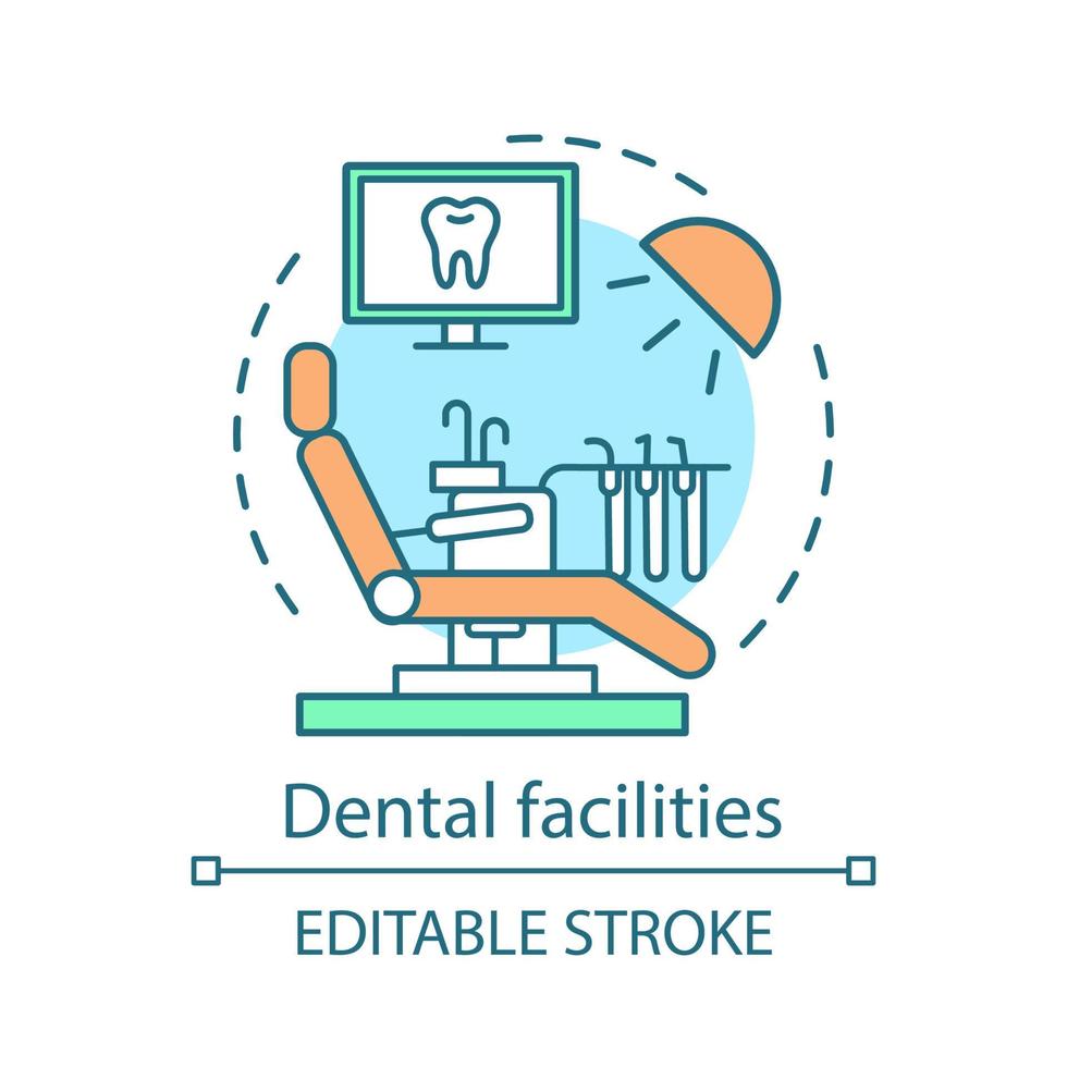 tandvårdsanläggningar koncept ikon. modern tandvård. medicinsk utrustning. patientstol, lampa, skärm. stomatologiska kontor idé tunn linje illustration. vektor isolerade konturritning. redigerbar linje