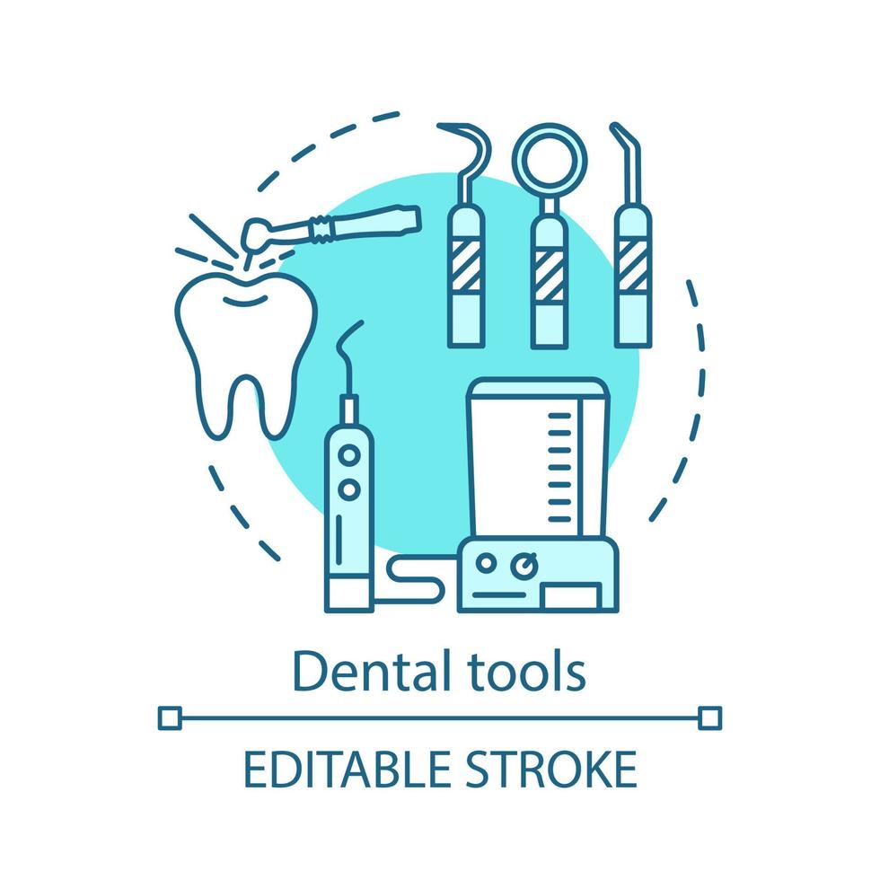 dentala verktyg konceptikon. tandläkare verktyg. apparater för behandling av tandsjukdomar. stomatologisk utrustning idé tunn linje illustration. vektor isolerade konturritning. redigerbar linje