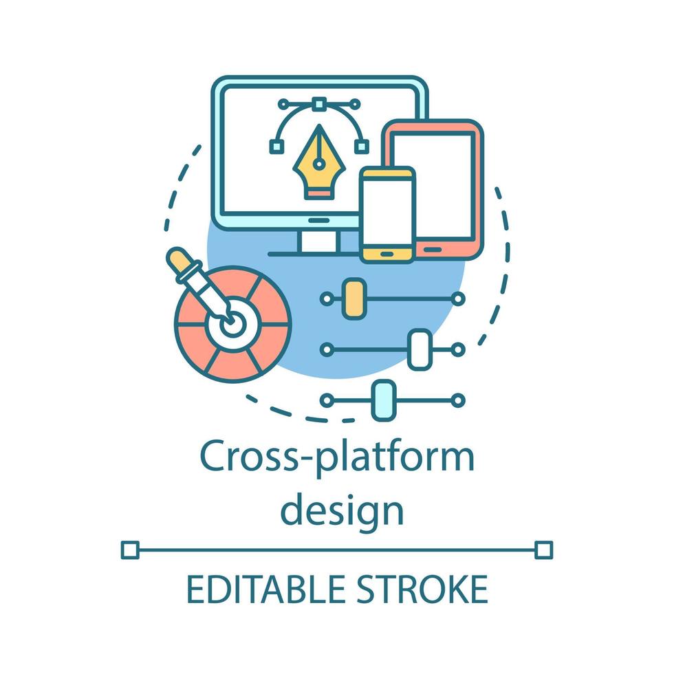 Symbol für das plattformübergreifende Designentwicklungskonzept. reaktionsschnelle Benutzeroberfläche, Usability-Idee, dünne Linie Illustration. adaptive anwendung ui, ux, gui. Vektor isolierte Umrisszeichnung. bearbeitbarer Strich