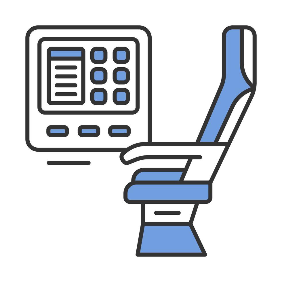 passagerarsäte med färgikon för multimediaskärm. bekväma sittplatser för flygplan. jetunderhållning. flygtjänst. flygplansresor. resa bekvämlighet. flygbolagens anläggningar. isolerade vektor illustration