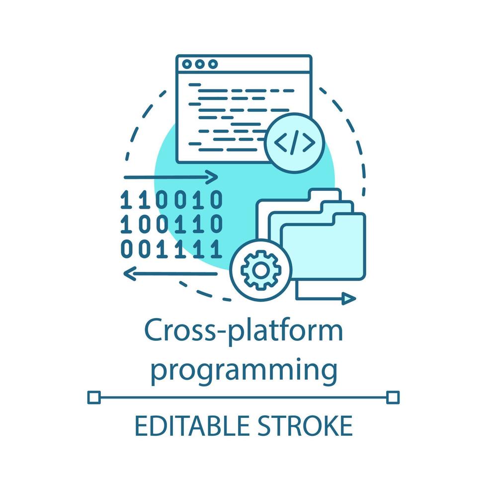 Plattformübergreifende Programmierung, Symbol für das Codierungskonzept. Softwareentwicklung Geschäftsidee dünne Linie Abbildung. Computertechnik, App-Engineering. Vektor isolierte Umrisszeichnung. bearbeitbarer Strich