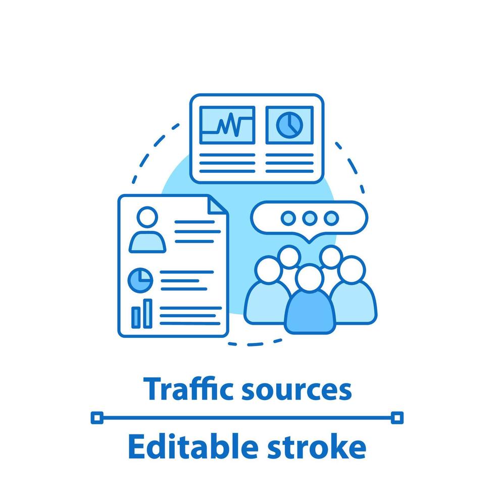 Verkehrsquellen-Konzept-Symbol. Publikumswachstum, Engagement-Rate. Idee dünne Linie Abbildung. smm-Metriken. Netz Analyse. Kundenanziehung. Vektor isolierte Umrisszeichnung. bearbeitbarer Strich