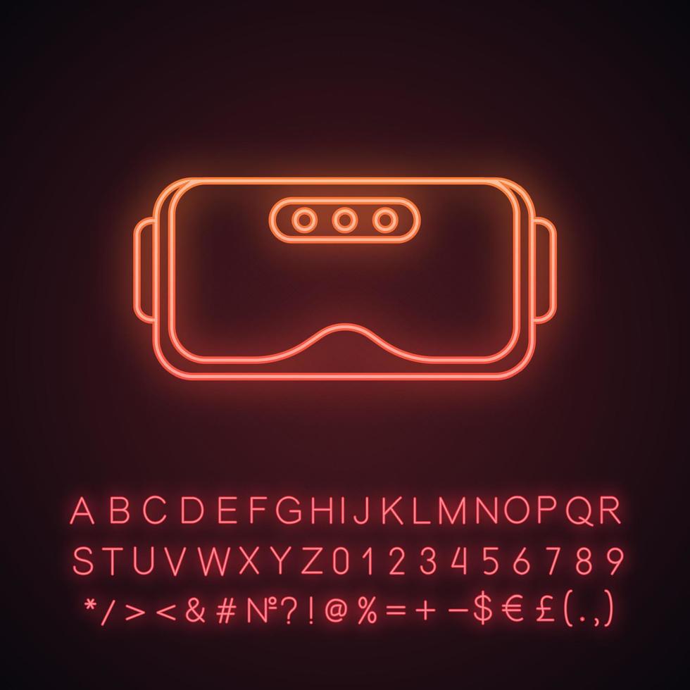 VR-Headset-Neonlicht-Symbol. Virtual-Reality-Maskenset. VR-Brille, Schutzbrille. leuchtendes Schild mit Alphabet, Zahlen und Symbolen. isolierte Vektorgrafik vektor