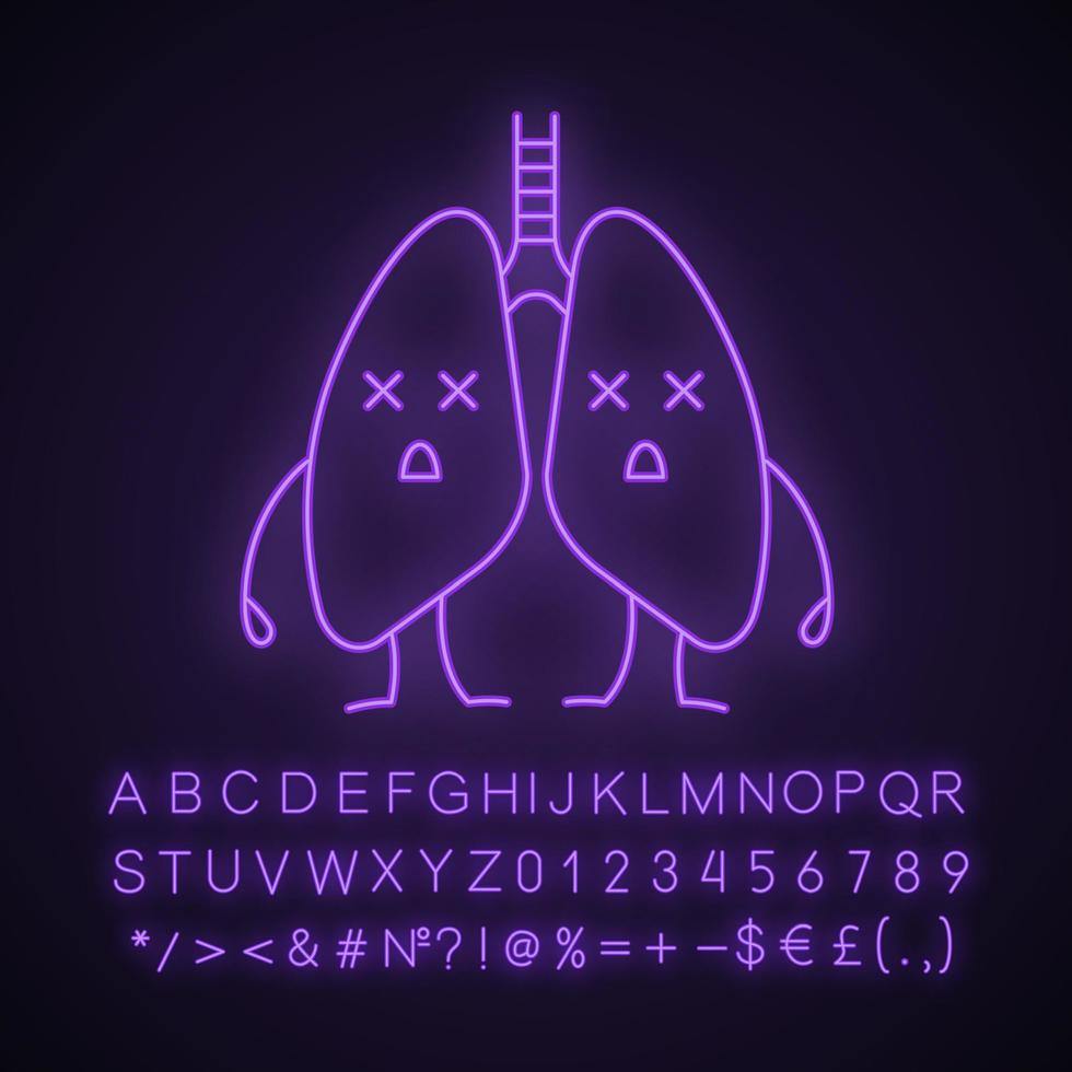 tote menschliche Lunge Emoji-Neonlicht-Symbol. Atemwegserkrankungen, Probleme. Tuberkulose, Krebs. ungesundes Lungensystem. leuchtendes Schild mit Alphabet, Zahlen und Symbolen. isolierte Vektorgrafik vektor