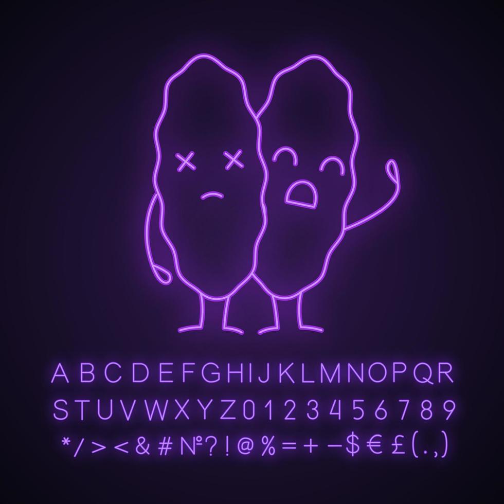 traurige Thymusdrüse Emoji Neonlicht-Symbol. primäres hämatopoetisches Organ. Autoimmunerkrankungen. leuchtendes Schild mit Alphabet, Zahlen und Symbolen. isolierte Vektorgrafik vektor
