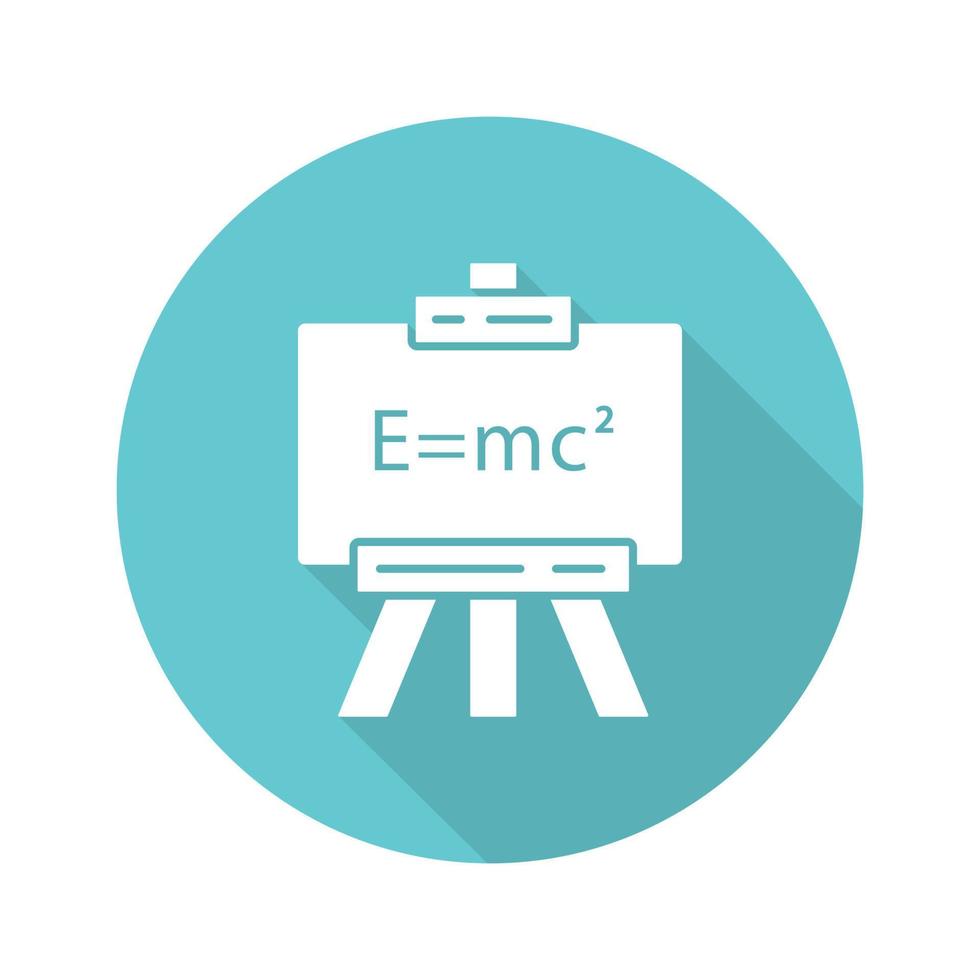 modern fysik turkos platt design lång skugga glyfikon. relativitetsteori och kvantmekanik. uppdaterad fysik och lärande. einstein formel på whiteboard. vektor siluett illustration