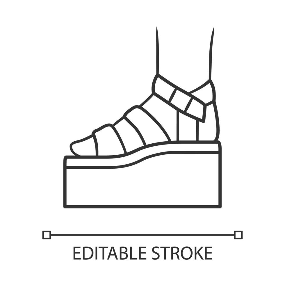 Plateau-Sandalen mit hohen Absätzen lineares Symbol. Frau stilvolle Schuhe. weibliche lässige sommerschuhe. editierbarer Strich. dünne Linie Abbildung. Kontursymbol. Vektor isolierte Umrisszeichnung