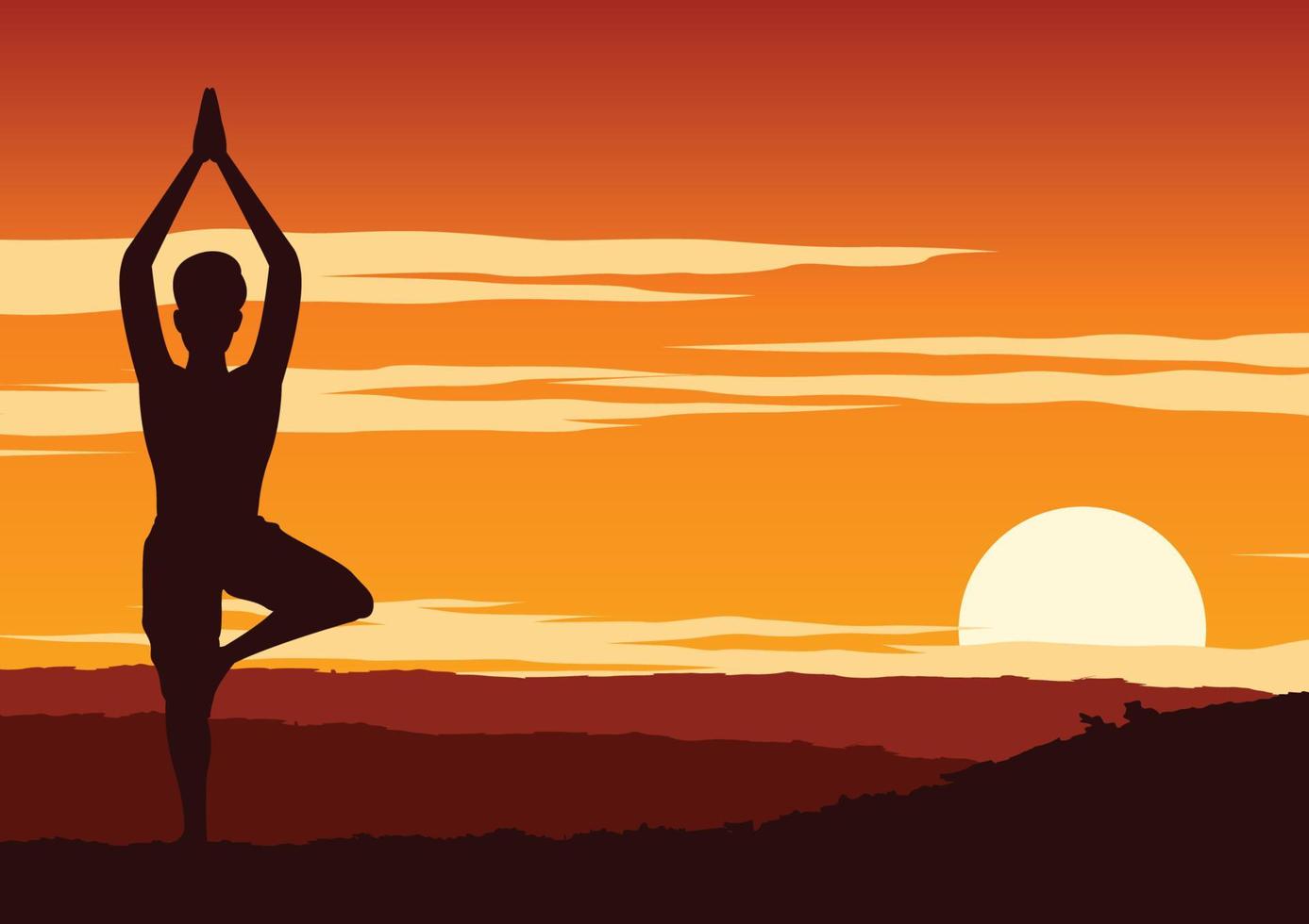Indien-Yogi führen Yoga durch, eine Art Entspannung, um mit der Natur bei Sonnenuntergang, Silhouettendesign vektor