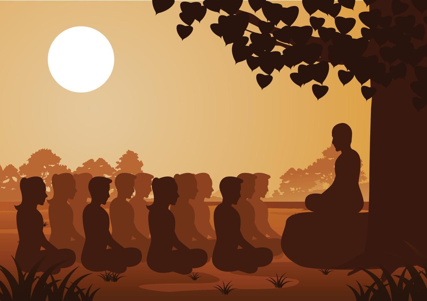 buddhistische Frauen und Männer zahlen Zugmeditation mit Mönch, um unter dem Baum zum Frieden und aus dem Leiden zu kommen vektor