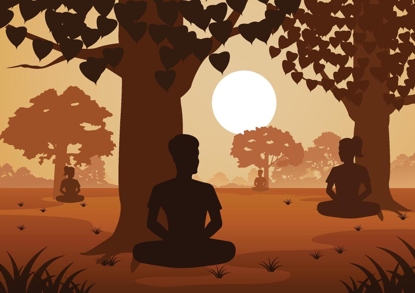 buddhistische Frauen und Männer zahlen Zugmeditation, um unter dem Baum zum Frieden und aus dem Leiden zu kommen vektor