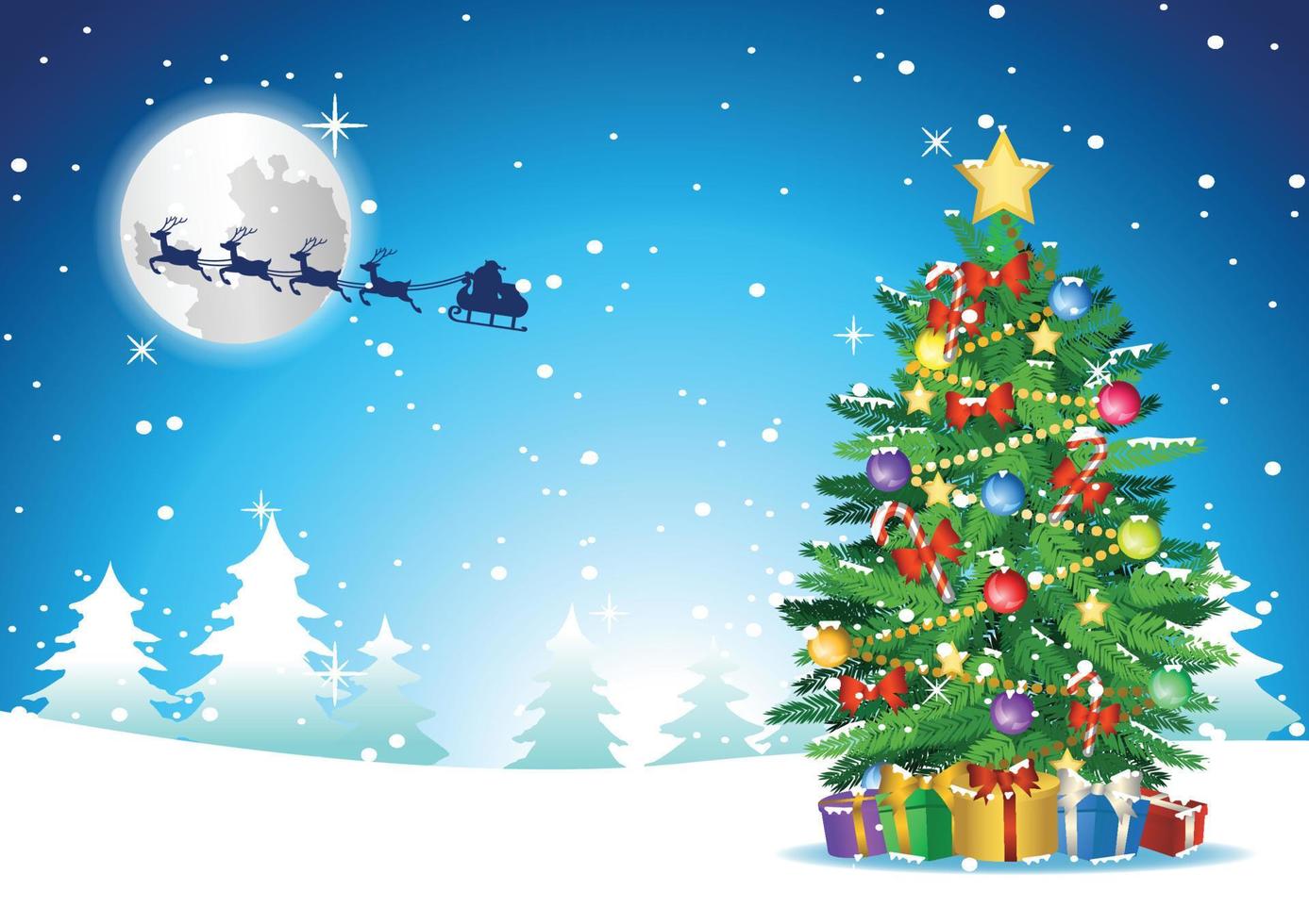 julgran står i snö i närheten present som skickas av jultomten som flyger iväg på julafton vektor