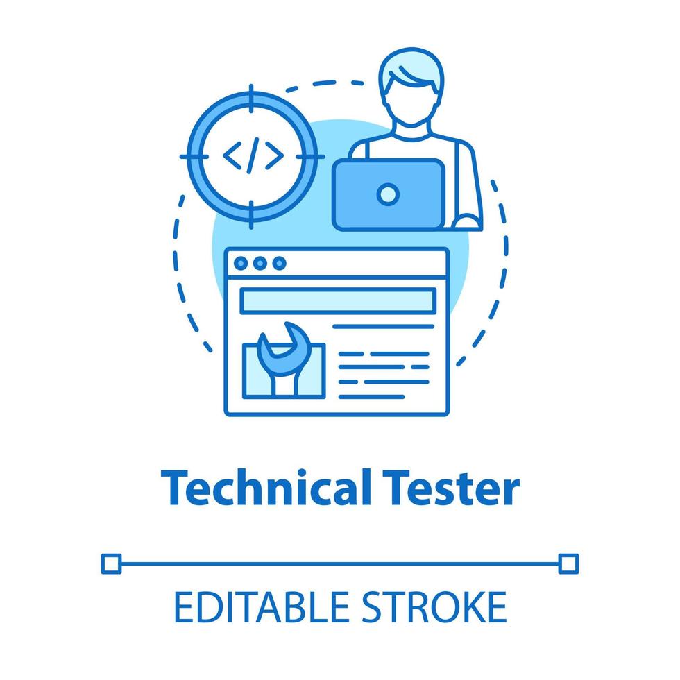 Symbol für technisches Tester türkisfarbenes Konzept. Softwareentwicklungsidee dünne Linie Illustration. Analyse der Systemfunktionen. it-Projektmanagement. Vektor isolierte Umrisszeichnung. bearbeitbarer Strich