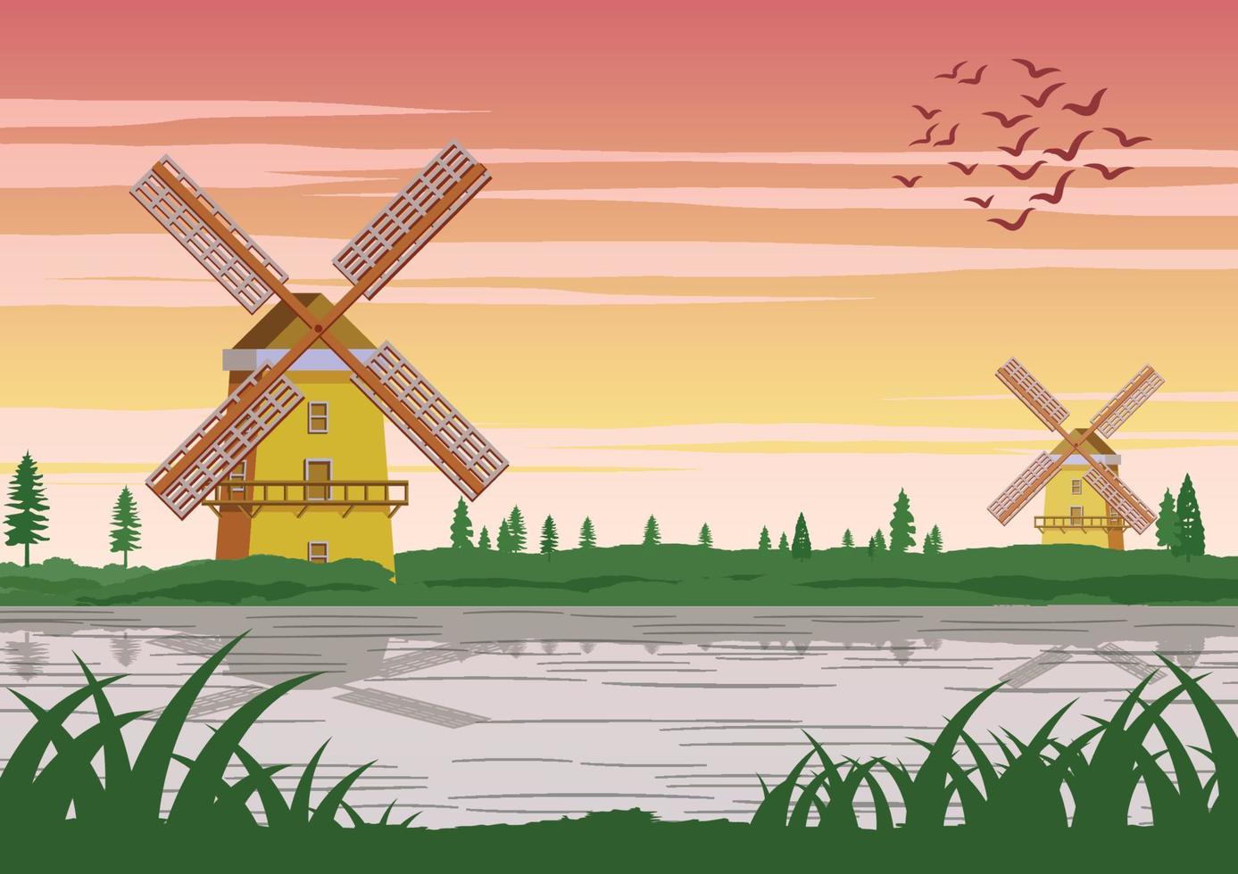 berühmtes symbol von holland, windmühle mit schöner natur, vintage farbe vektor