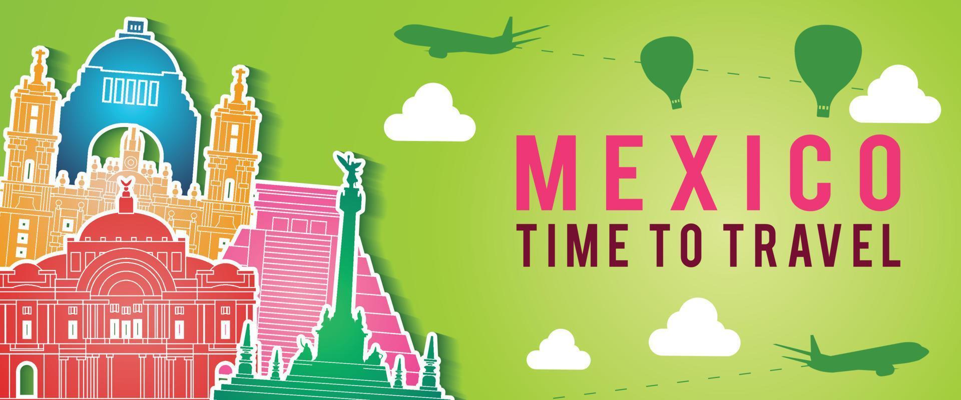 Grünes Banner von Mexiko berühmtes Wahrzeichen Silhouette bunten Stil, Flugzeug und Ballon fliegen mit Wolke herum vektor