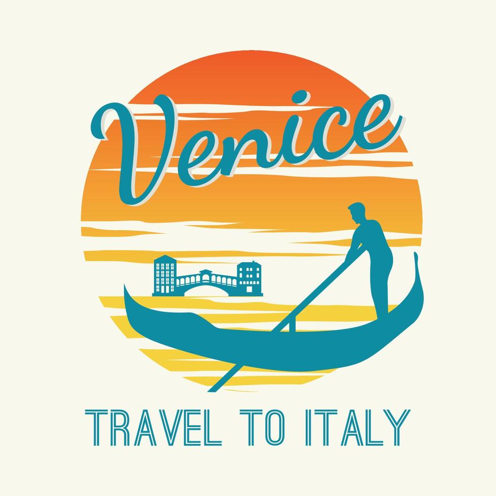 Mann-Ruderboot in Venedig, berühmtes Wahrzeichen Italiens, bei Sonnenuntergang, Vintage und klassische Farbe, Silhouette-Shirt-Design vektor