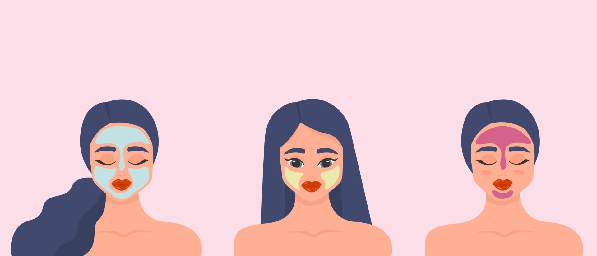 weibliche Gesichter und Schönheitskosmetikmasken vektor