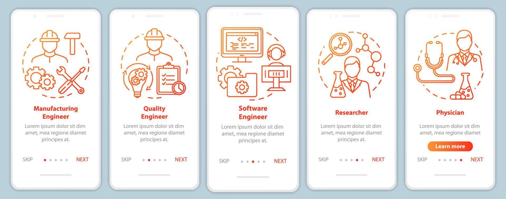 Bioengineering-Jobs beim Onboarding der mobilen App-Seitenbildschirmvektorvorlage. Walkthrough-Website-Schritte mit linearen Illustrationen. Forscher und Arzt. ux, ui, gui Smartphone-Schnittstellenkonzept vektor