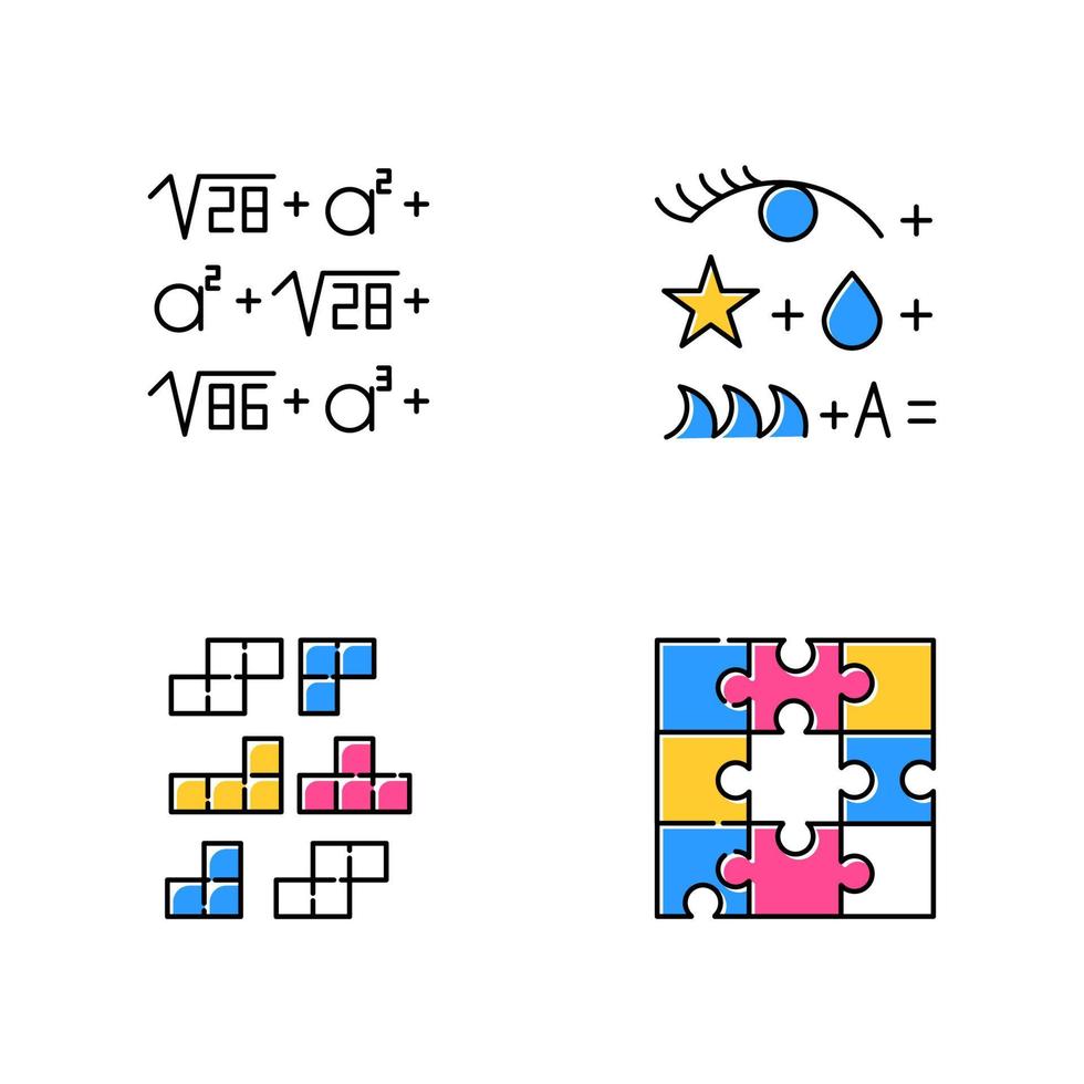 Puzzles und Rätsel Farbsymbole gesetzt. Rebus. Blockpuzzle, Kachelabgleich. Puzzle. Logik Spiele. geistige Übung. Herausforderung. Rätsel. Lösungsfindung. isolierte vektorillustrationen vektor