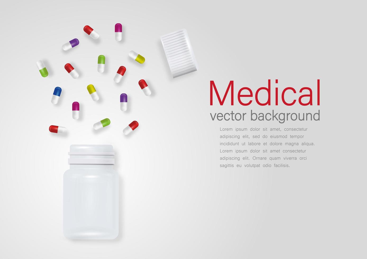 vektor banner med 3d realistisk plastflaska och piller designmall, clipart, mockup. medicinsk bakgrund.
