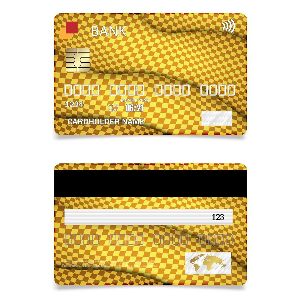 realistische vektorkreditkarte zwei seiten, gelb. Einkaufen Rabatt Plastikkarte. Vektorillustration, Design für Bankkarten vektor