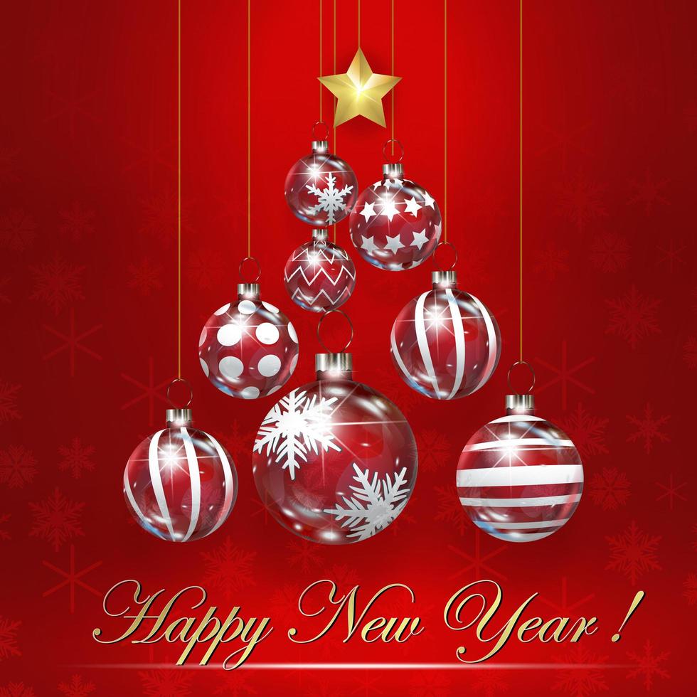 Weihnachtsbaumhintergrund mit leuchtendem Stern und bunten Kugeln auf Schneeflockenhintergrund. Neujahrs- und Weihnachtskartenvektorillustration auf rotem Hintergrund vektor