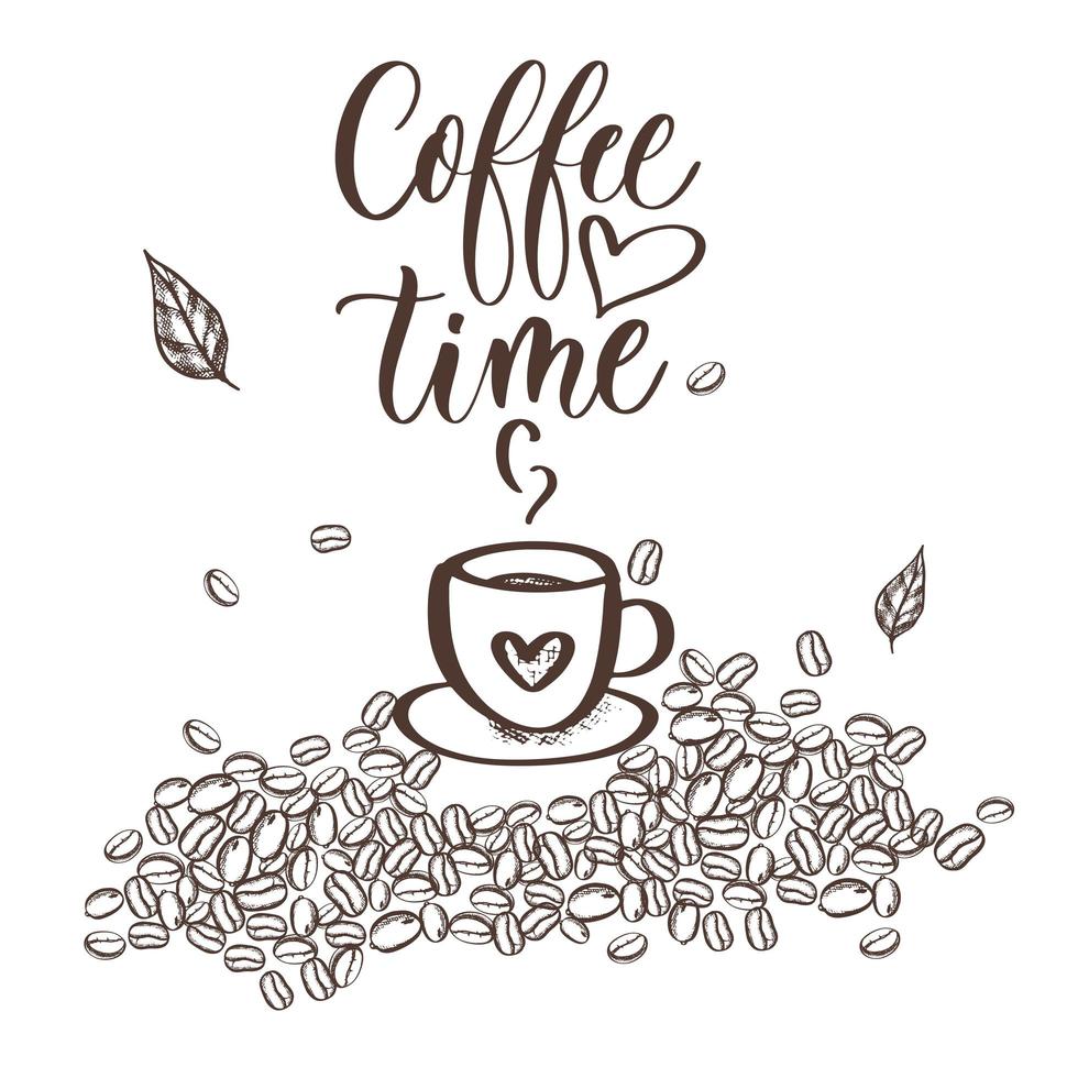 Kaffeezeit. Designkonzept für Cafés. eine Tasse heißen Kaffee auf einem Hintergrund von Bohnen vektor
