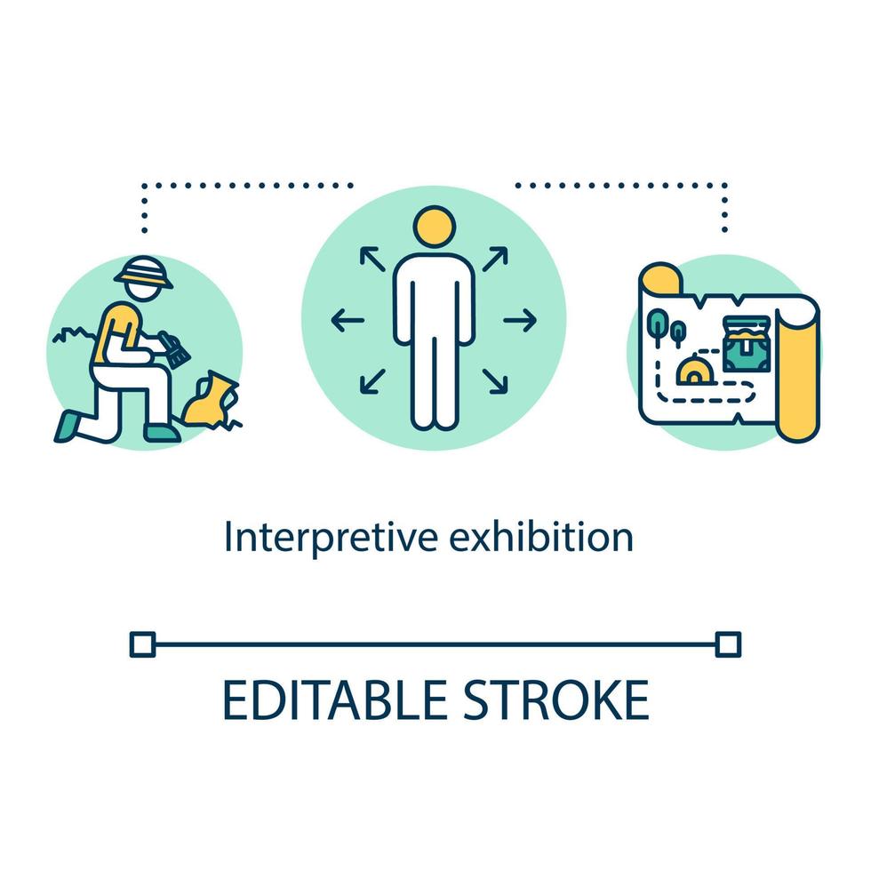 tolkande utställning koncept ikon. antika arkeologiska artefakter. antik historia. interaktiv museum utställning idé tunn linje illustration. vektor isolerade konturritning. redigerbar linje