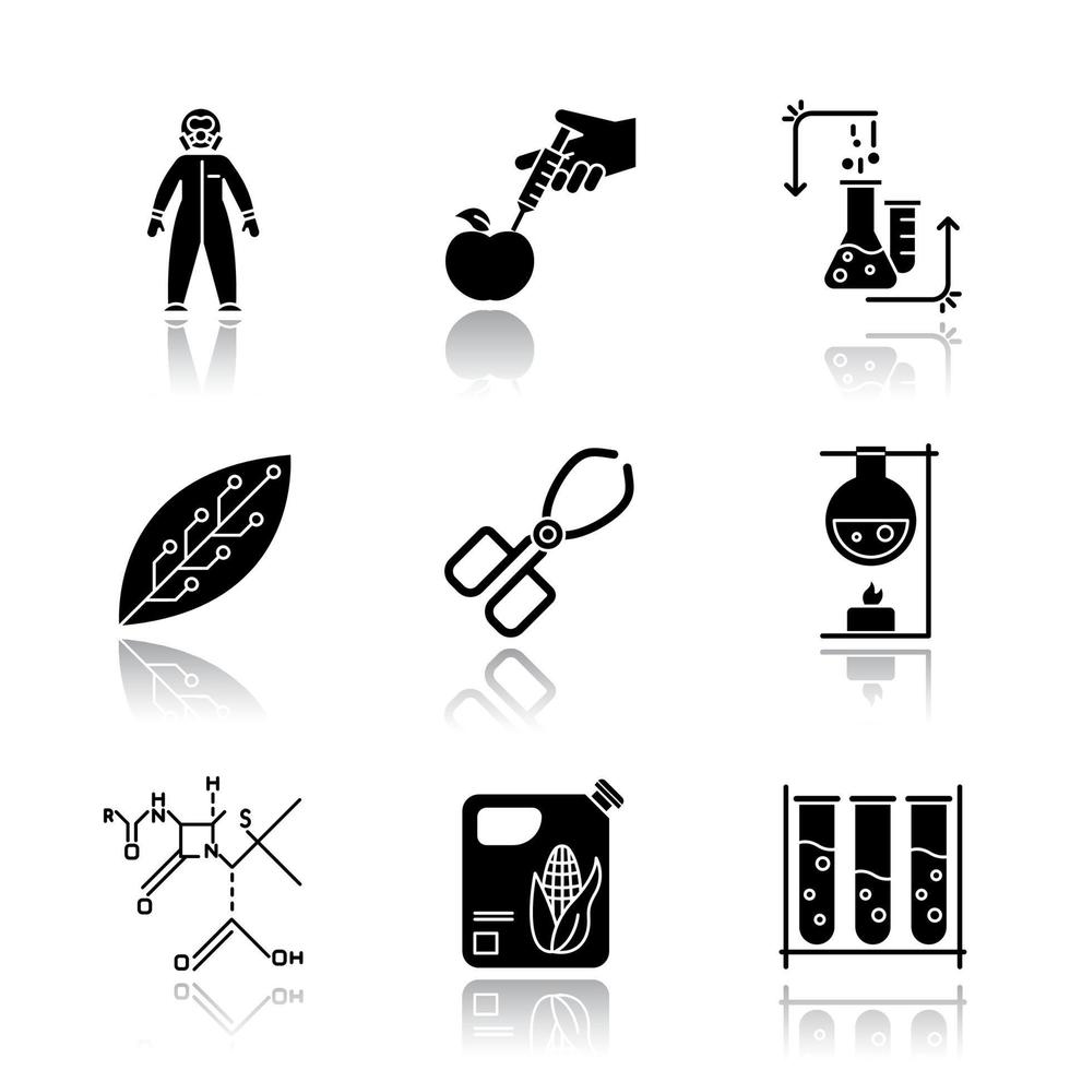 Wissenschaftsentwicklung Schlagschatten schwarze Glyphe Icons Set. biotechnologische Geräte. experimentelle Methode. im Labor arbeiten. die Natur verändern. Forschung in der organischen Chemie. isolierte vektorillustrationen vektor