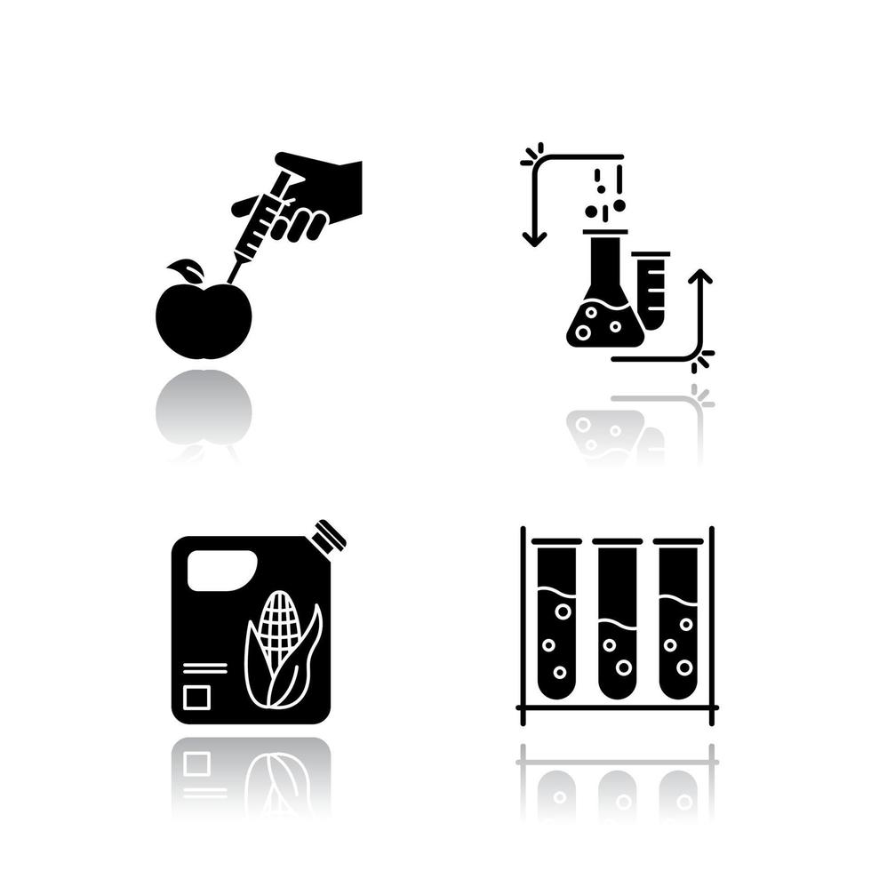 Wissenschaft und Natur Schlagschatten schwarze Glyphe Icons Set. biotechnologische Produkte. Versuchsmethodik. im Labor arbeiten. Forschung in der organischen Chemie. isolierte vektorillustrationen vektor