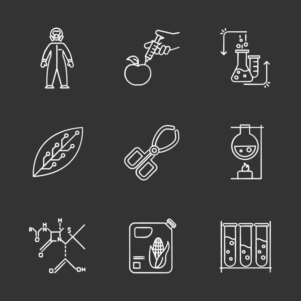 Wissenschaft Entwicklung Kreide Icons Set. biotechnologische Geräte. Versuchsmethodik. im Labor arbeiten. die Natur verändern. Forschung in der organischen Chemie. isolierte tafel Vektorgrafiken vektor