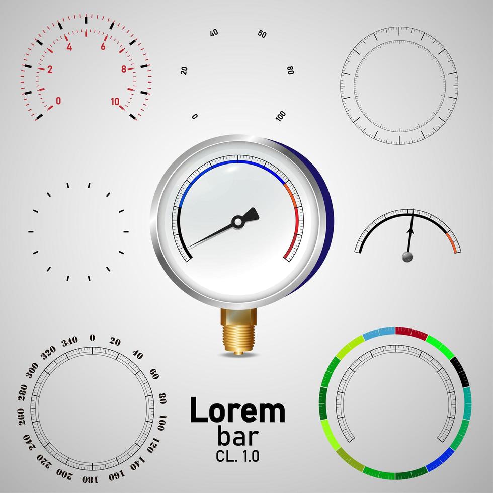 Manometer, Analoginstrument, Manometer mit Skala. Attrappe, Lehrmodell, Simulation. vektor