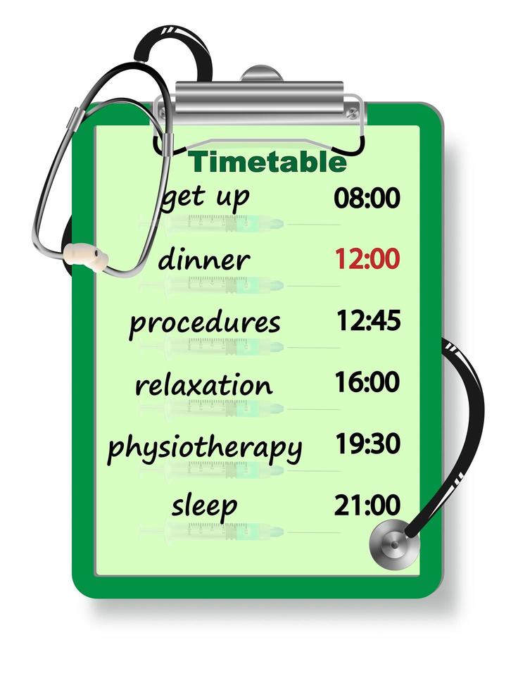 medizinische Zwischenablage mit Schnüren in Form von Injektionen. Bericht mit einem Stethoskop um das Tablet herum. flache Designillustration des Vektors. medizinisches Dokument. Gesundheitskonzept vektor