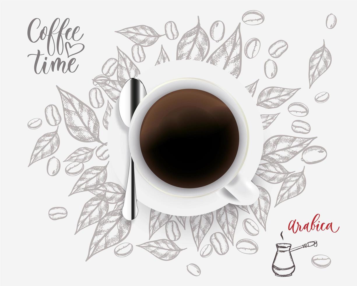 eine Tasse Kaffee mit einer Skizze der Blätter eines Kaffeebaums im Hintergrund. Vektorillustration für die Werbung mit einem handgezeichneten und realistischen Bild. Poster oder Banner für ein Café oder Geschäft vektor